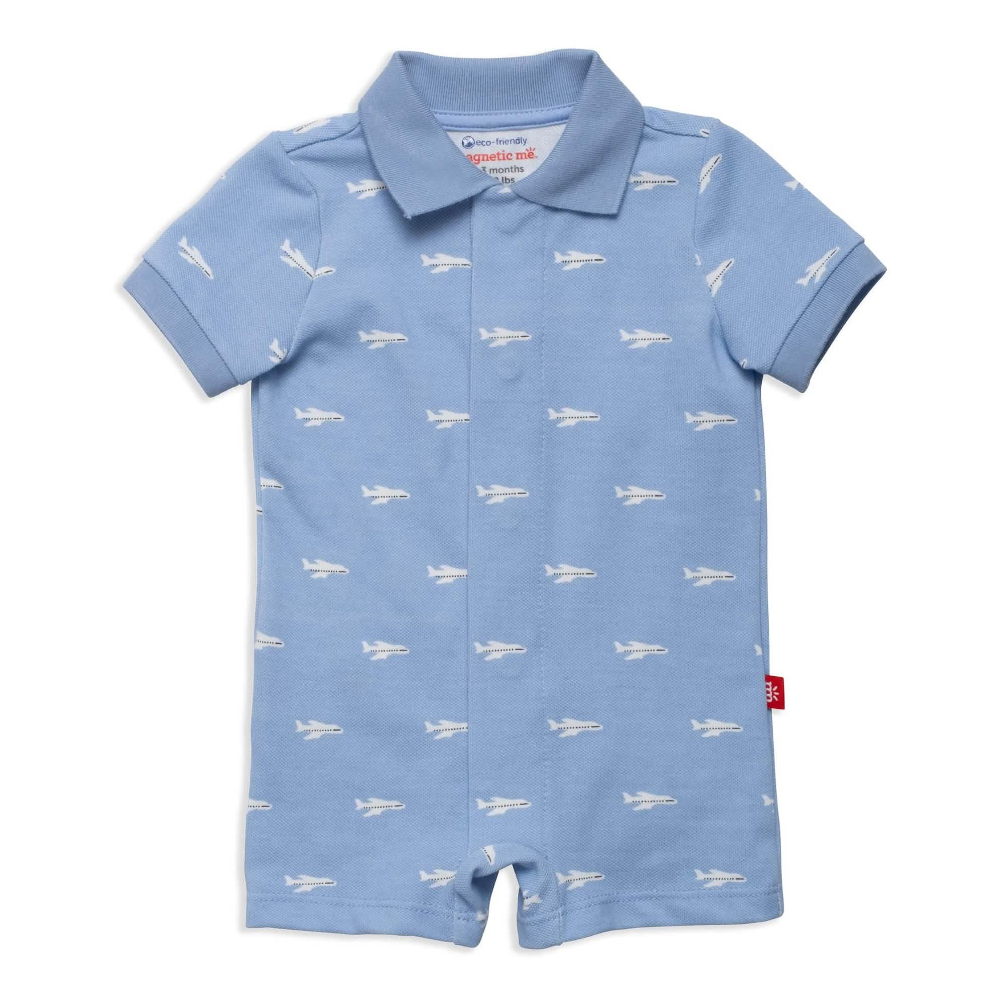 airplane schiffli pique organic cotton magnetic short sleeve romper - re-loved - Image 2