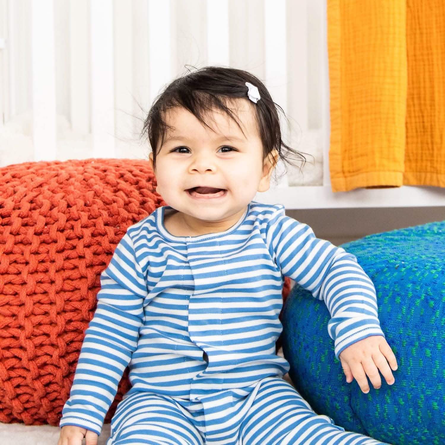blue and white yarn-dye stripe organic cotton magnetic footie - re-loved - Image 2