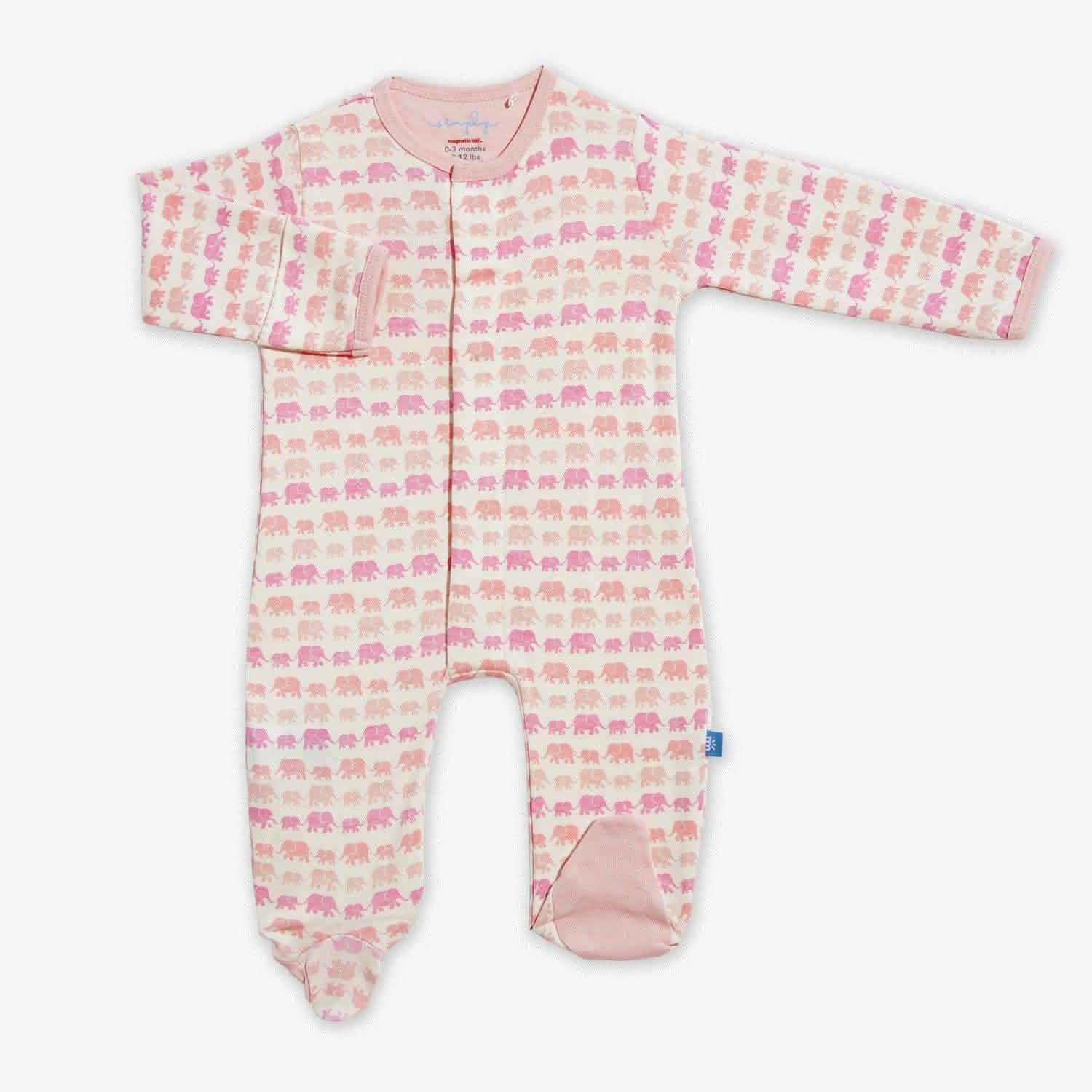 pink dancing elephants organic cotton magnetic parent favorite footie - re-loved - Image 2
