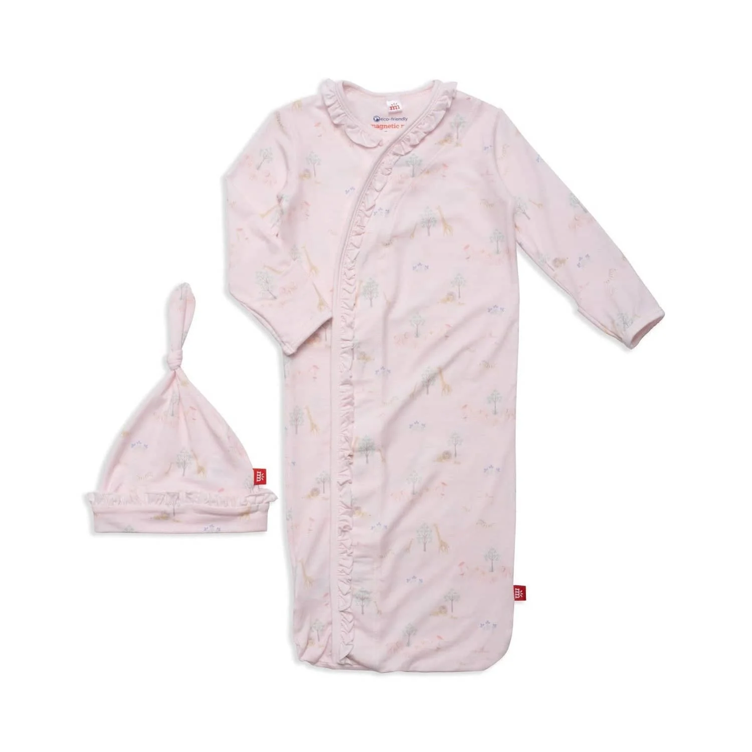 pink serene safari modal magnetic cozy sleeper gown + hat set with ruffles - re-loved - Image 2